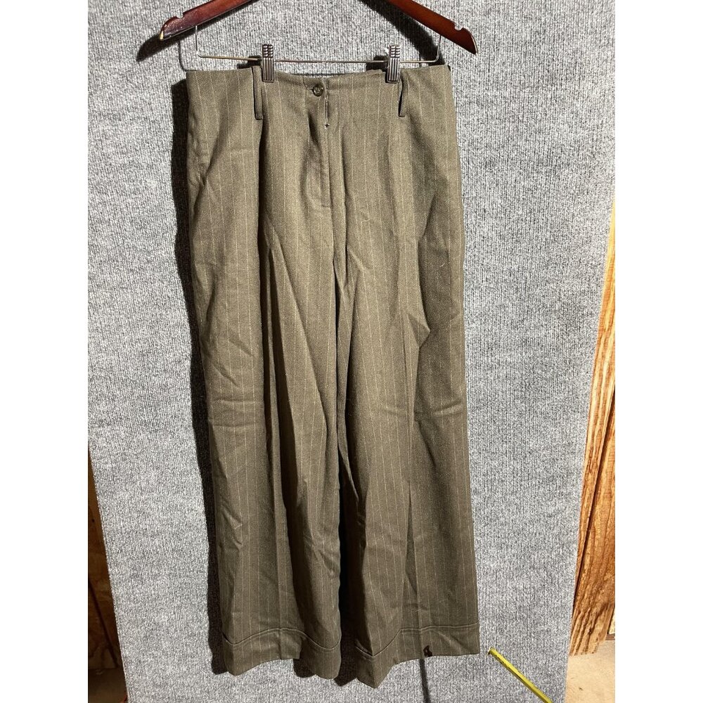 Ron Leal Dress Pants Womens 10 Green Wool Wide Leg Pinstripe Cuffed Canada